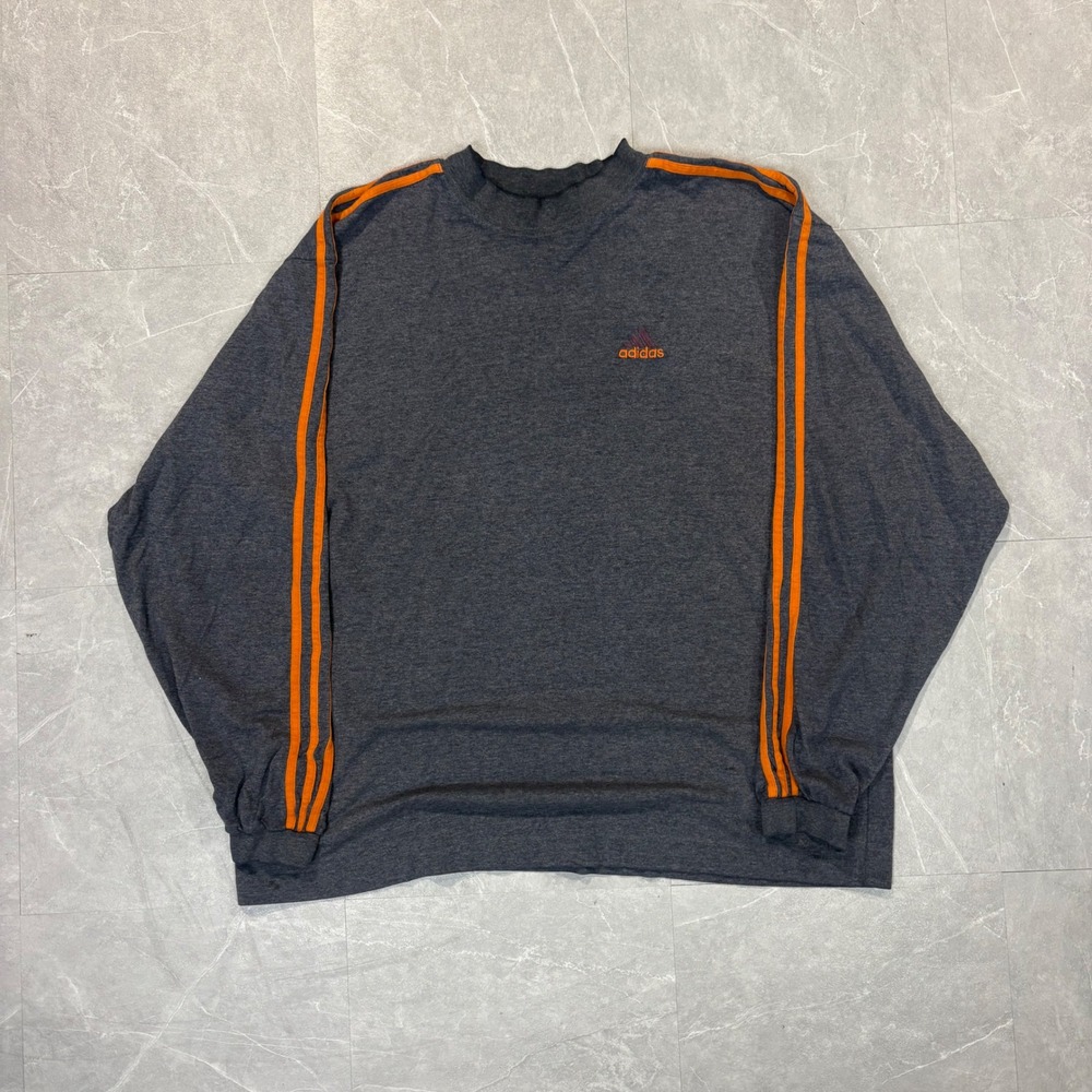 Vintage Adidas Long Sleeve Shirt Mens Large Grey Orange 3 Stripe Mock Neck 4636